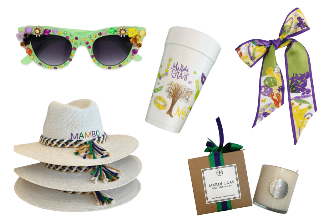 Mardi.Party.2024 Green sunglasses and a white brimmed hat with a Mardi Gras scarf and a Mardi Gras styrofoam cup and a Mardi Gras scarf and a Mardi Gras candle on a white background